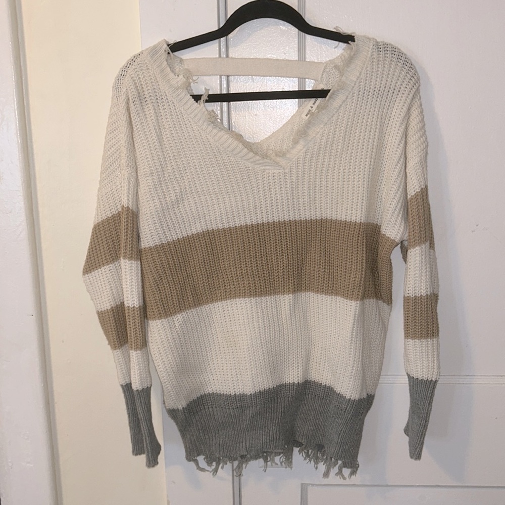 White, tan & gray striped sweater with fringe